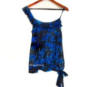 Forever 21 Tank M One Shoulder Ruffle Trim Butterfly Print Sheer Side Bow Tie